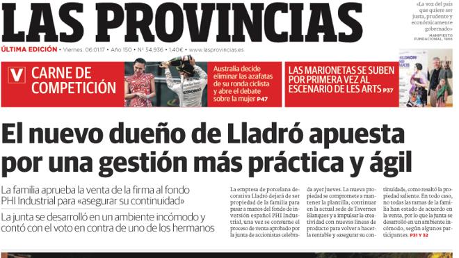 Portada de LAS PROVINCIAS del viernes 6 de enero de 2017