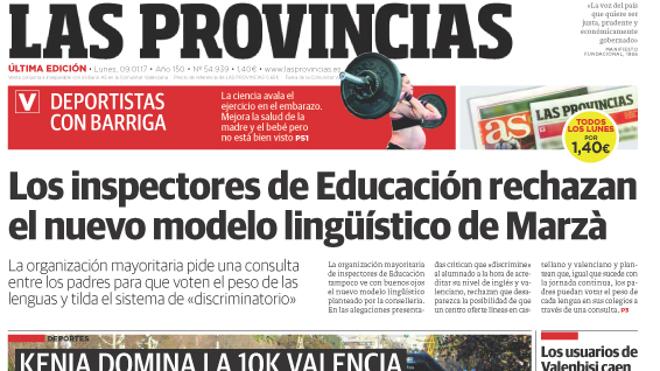 Portada de LAS PROVINCIAS del lunes 9 de enero de 2017
