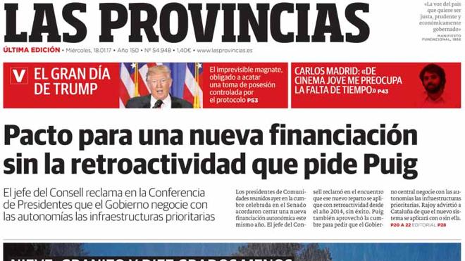 Portada de LAS PROVINCIAS del miércoles 18 de enero de 2017