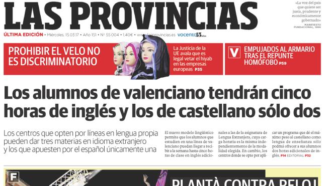 Portada de LAS PROVINCIAS del miércoles 15 de marzo de 2017