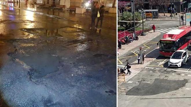 La cremà del pirulí de la falla municipal deja un socavón en la plaza del Ayuntamiento