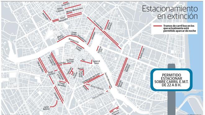 La prohibición de aparcar en el carril bus por las noches en Valencia se retrasará a principios de mayo