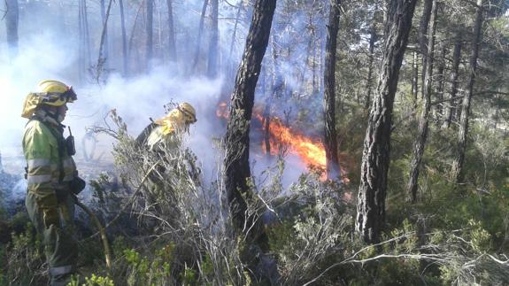El incendio forestal declarado en Enguera, activo pero estabilizado