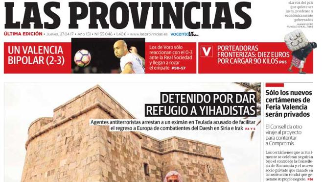 Portada de LAS PROVINCIAS del jueves 27 de abril de 2017