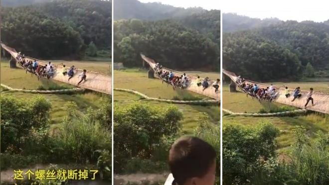 Un puente colgante en China se rompe y deja a los turistas luchando por salvar su vida
